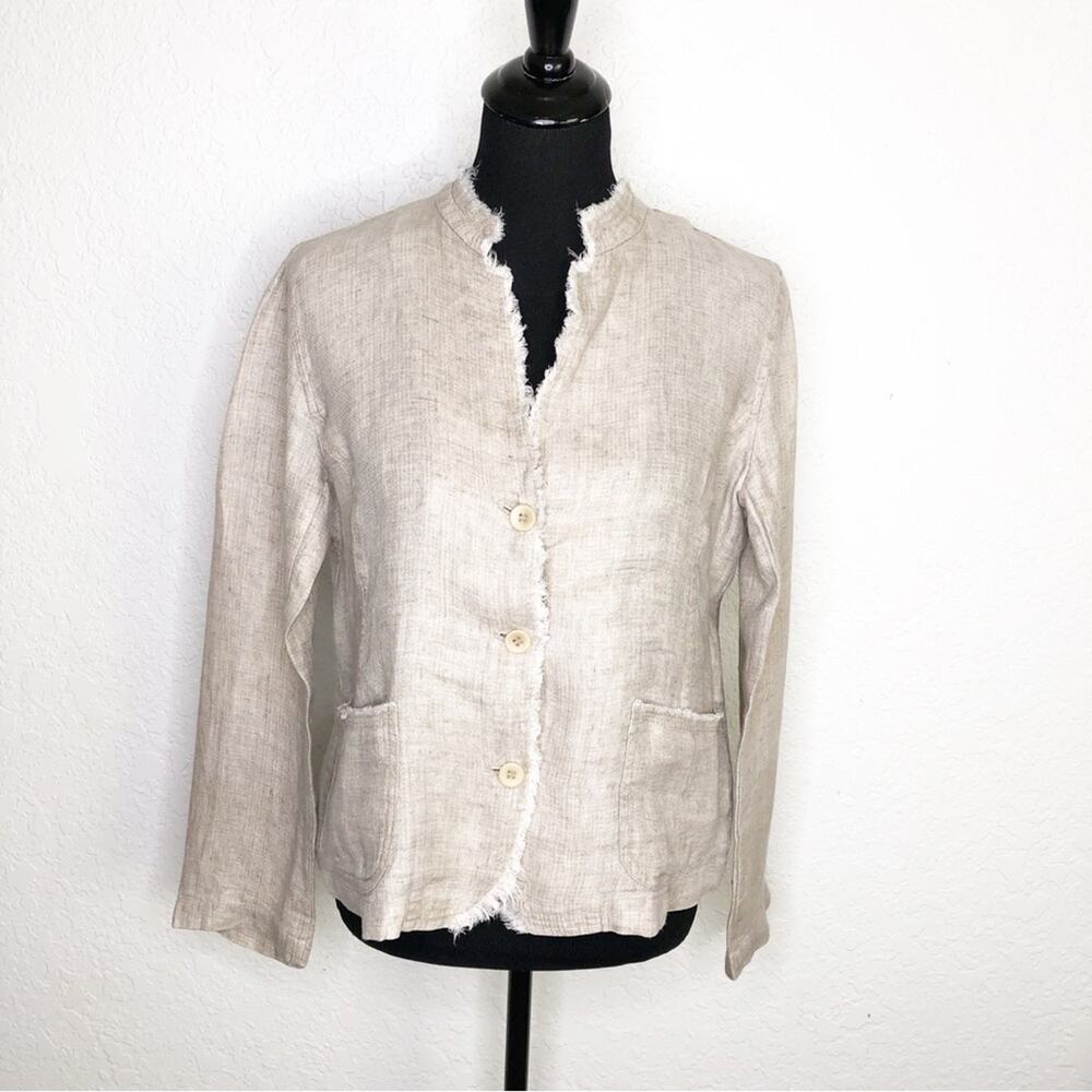 Eileen Fisher tan cream fringe trim button front organic linen jacket size Small